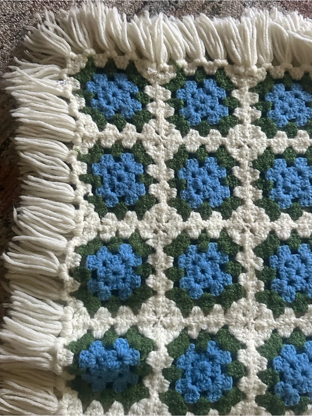 Handmade Crochet Throw Blanket in Blue, Green & Cream fringe edge